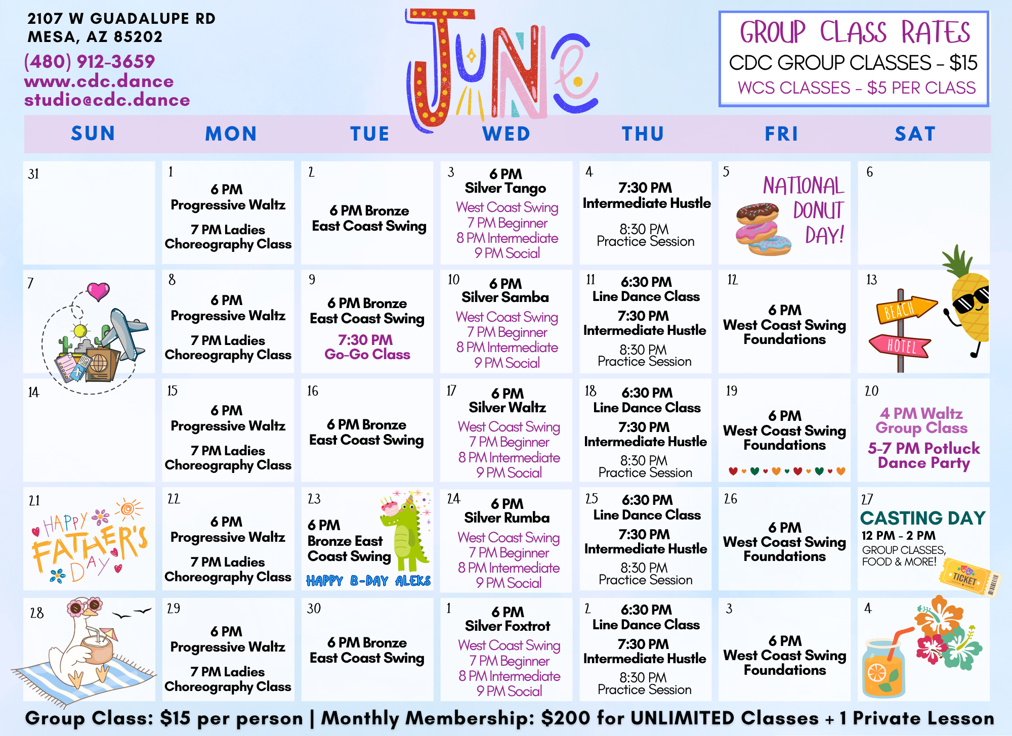 Colorful June dance calendar showing daily classes (times and titles like '6 PM Progressive Waltz', '7 PM Ladies Choreography Class', '6 PM Bronze East Coast Swing'); decorative tropical imagery and contact info for CDC Dance Studio.