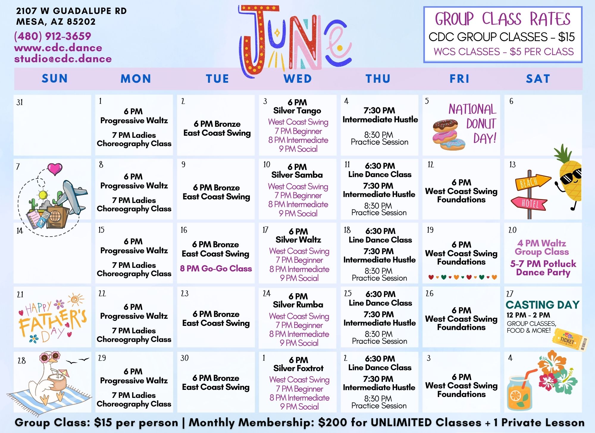 June 2026 Dance studio schedule calendar showing daily classes and times like '6 PM Progressive Waltz' and '7 PM Ladies Choreography Class'.
