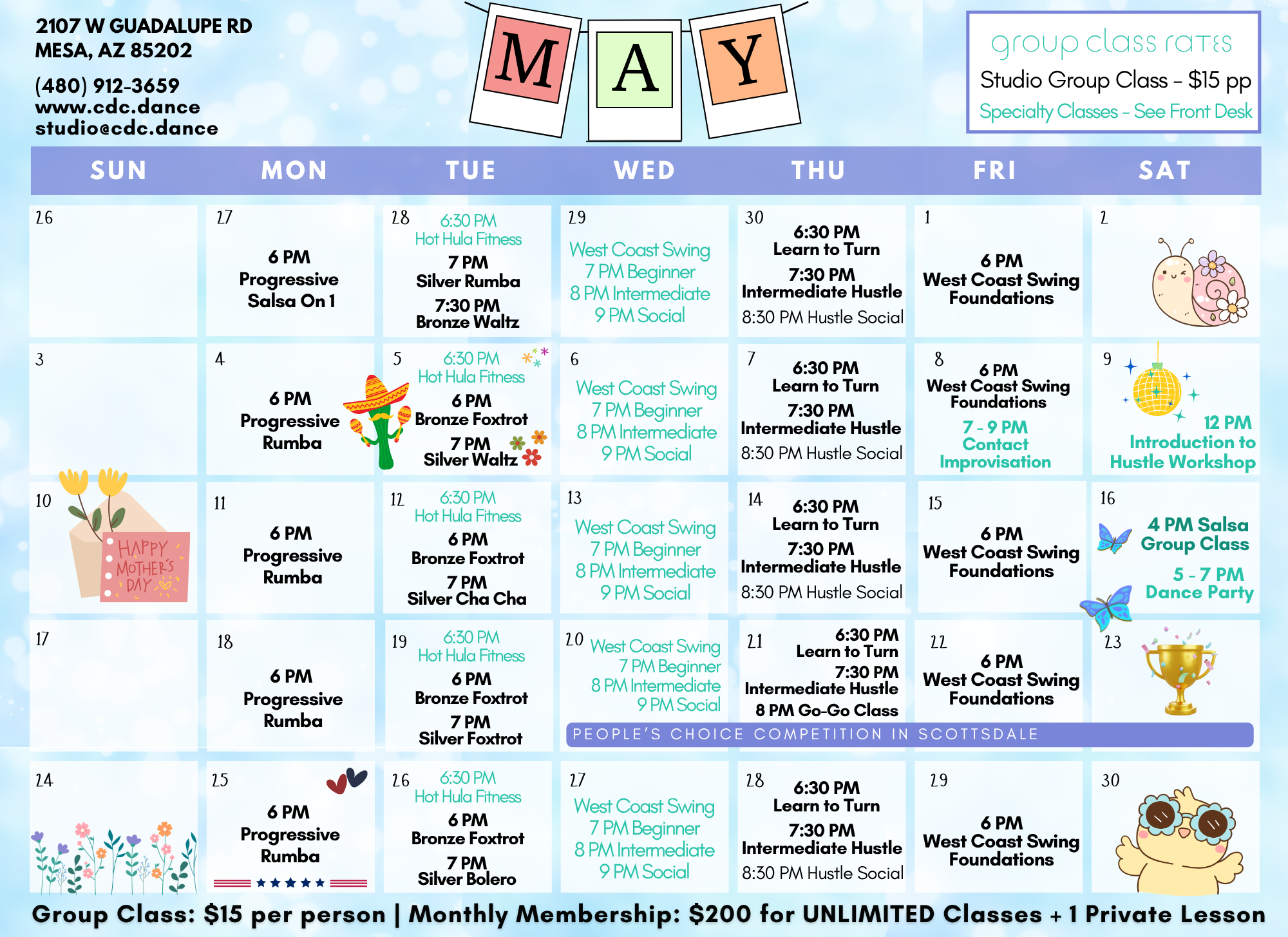 May 2026 (4) May calendar for CDC Dance studio showing daily group classes, times, and decorative icons like flowers and snails for visual appeal (e.g., 6 PM Progressive Rumba on multiple days).
